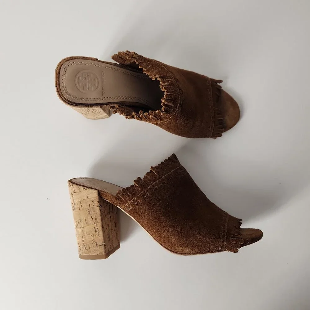 Tory Burch Huntington Festival Brown suede fringe mule sandal heel shoes 5.5 M